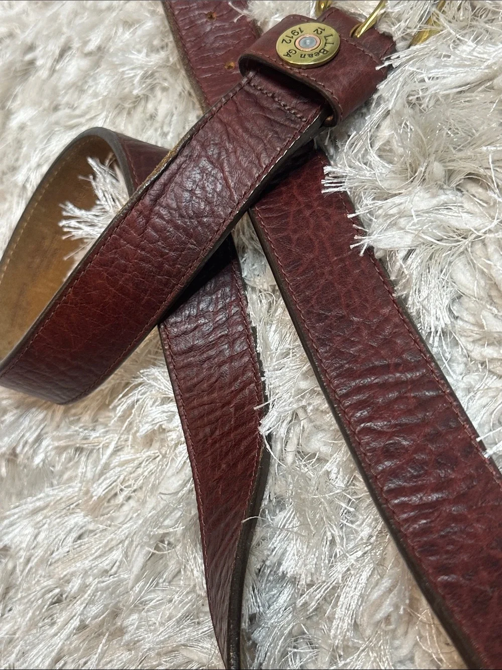 Preloved Vintage L.L. Bean 12 Gauge Dark Brown Leather Belt, Brass Buckle, 40